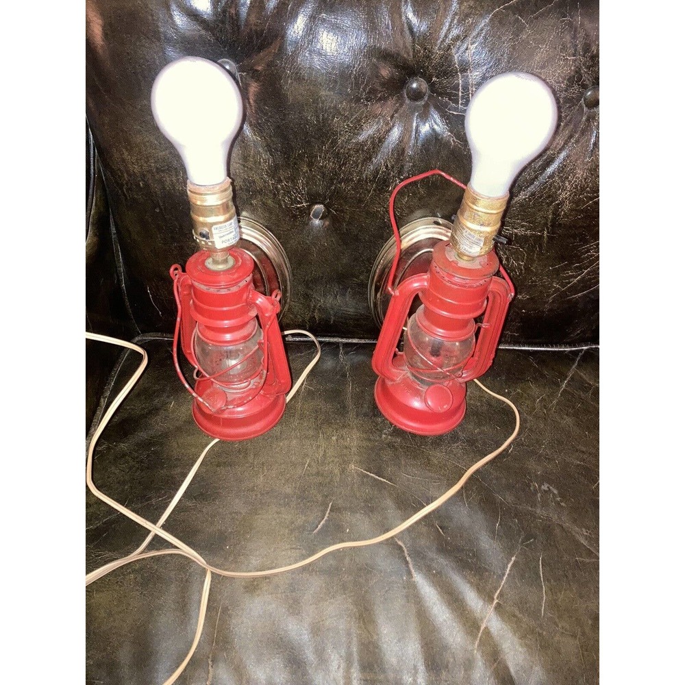 2 Vintage Red Winged Wheel No. 350 Electric Wall Lantern - Works Japan 10”